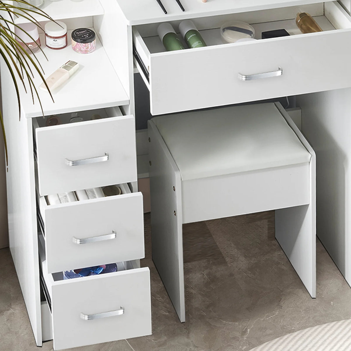 White Makeup Dressing Table W/ Lights Sliding Mirror