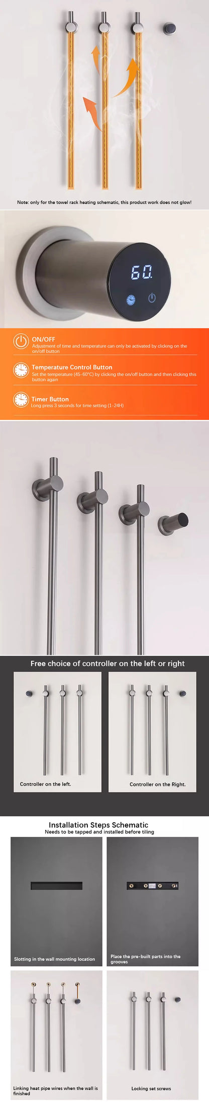 Bathroom Brushed Gold Electric Bath Towel Rack Smart