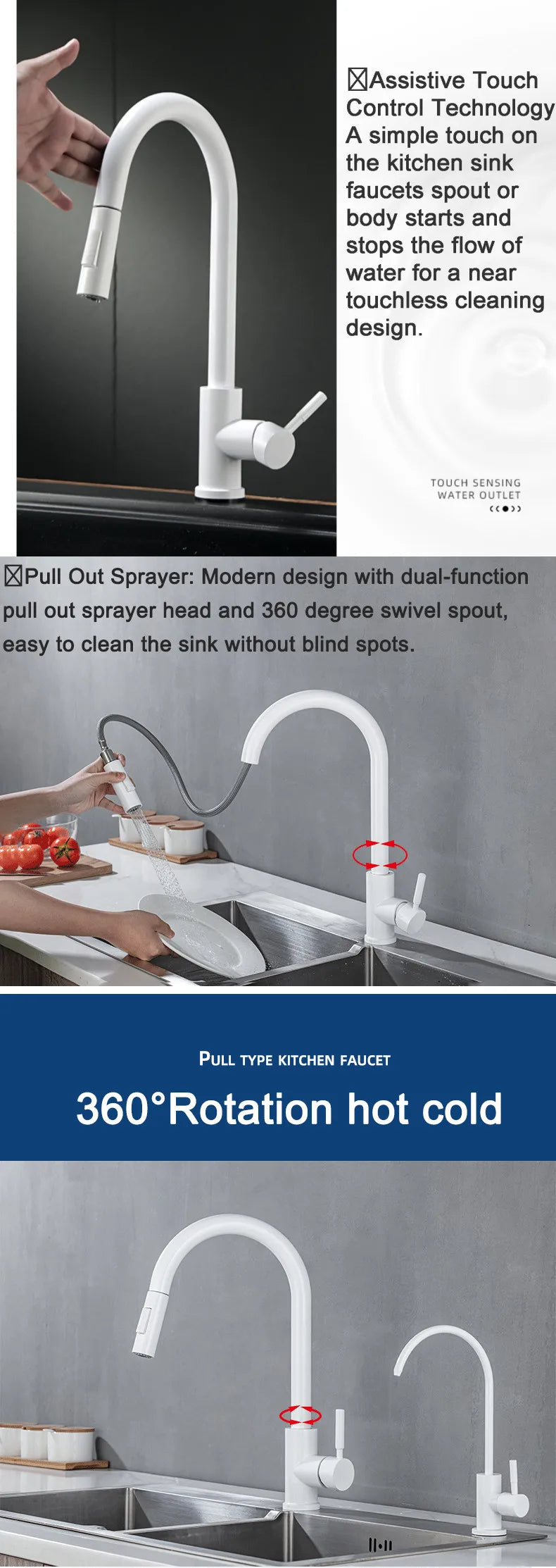 White Touch-On Sink Faucets Pull Down Sprayer Improvement