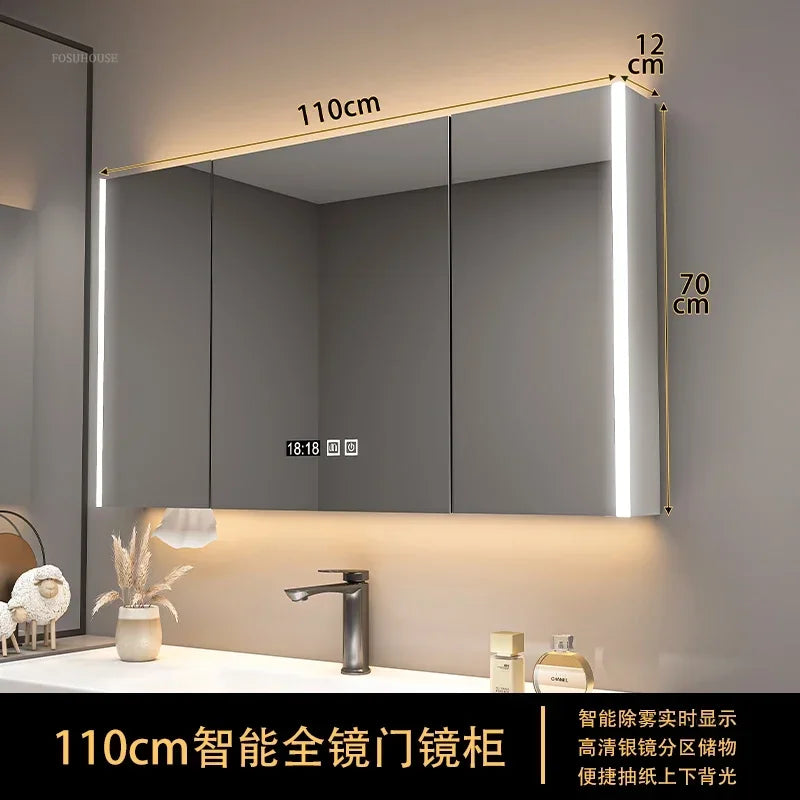 Modern Solid Wood Smart Bathroom Mirror Cabinet Light