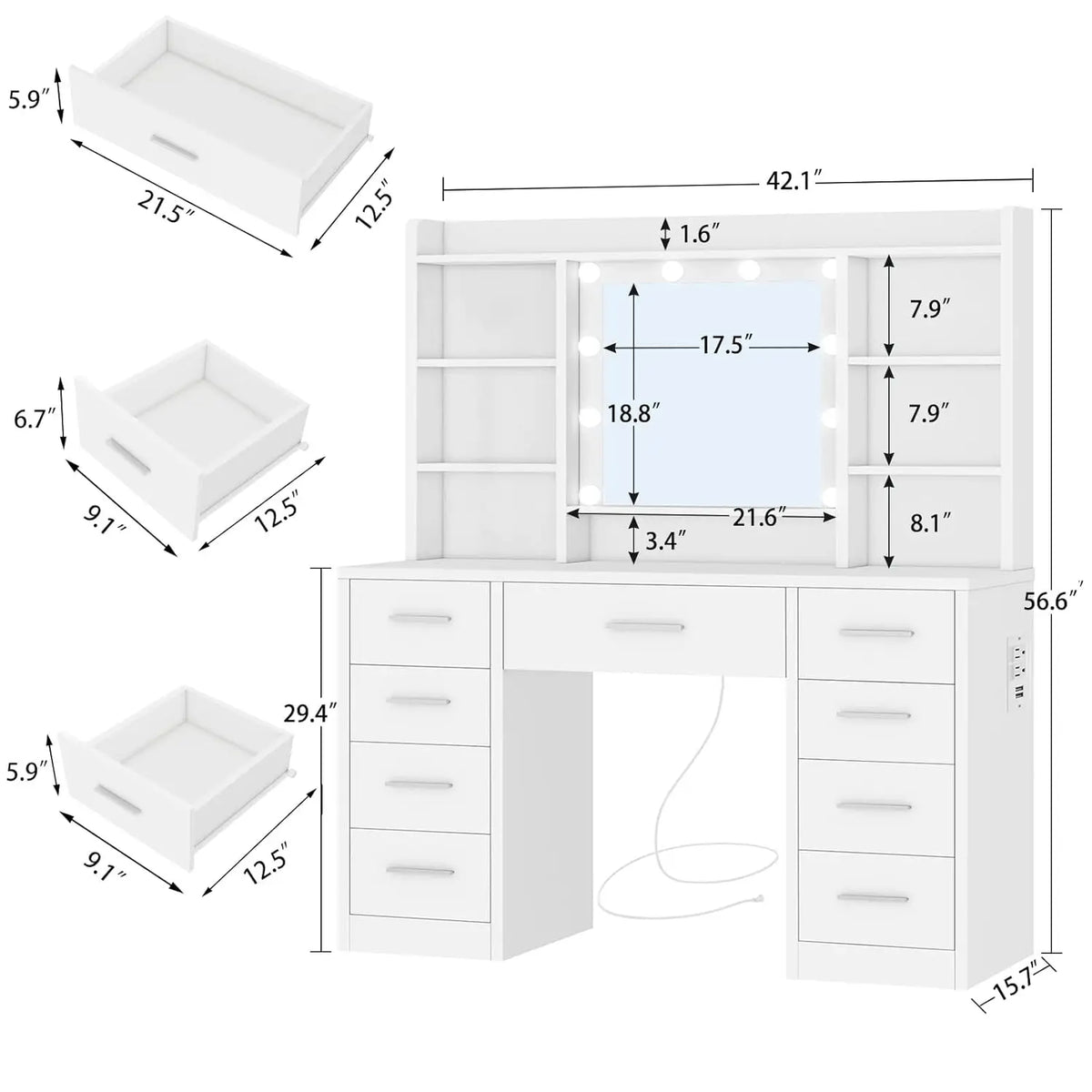 Makeup Vanity Lighted Mirror & Power Outlet Drawers