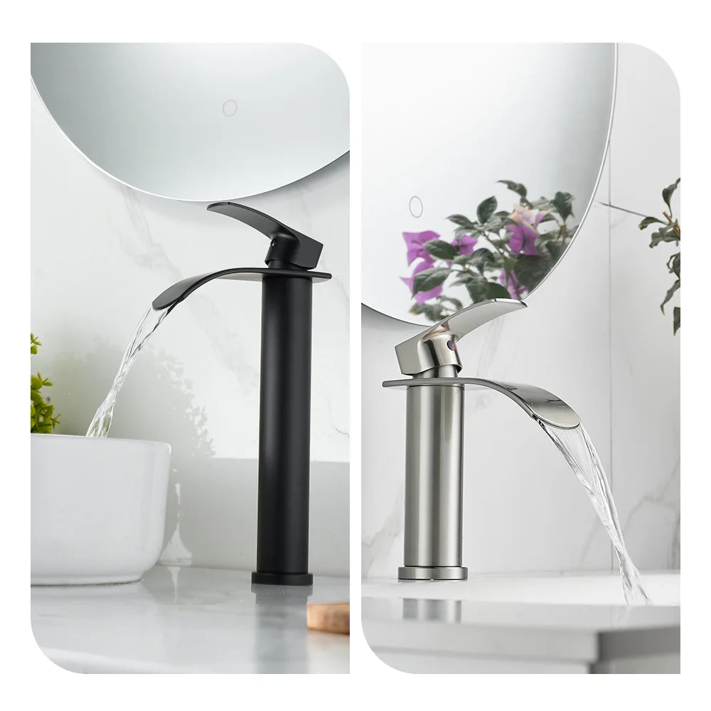 Tall Short Brass Waterfall Faucet Bathroom Sink Faucet