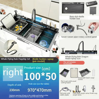 Stainless Steel Waterfall Sink Digital Display Large Slot