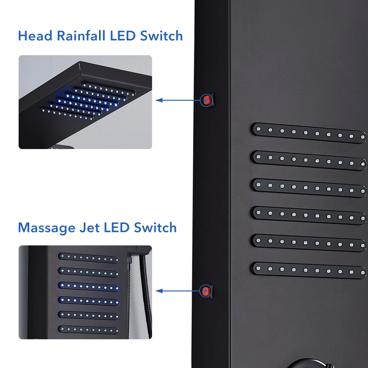 Black Led Shower Panel Tower System Rain Waterfall