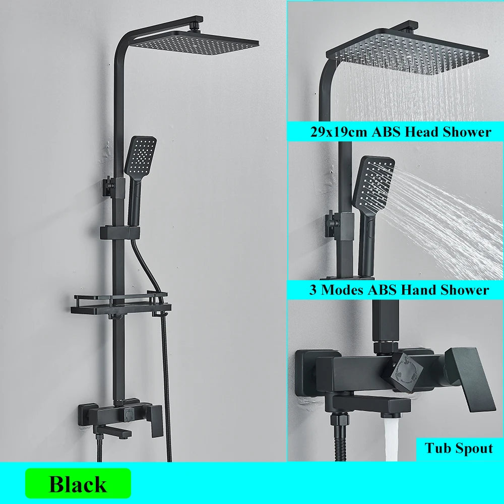 Black Brass Shower Faucet Sets Rainfall Bathtub Tap