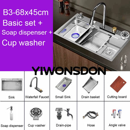 Brushed Nano Sink Waterfall Faucet Large Bowl Cup
