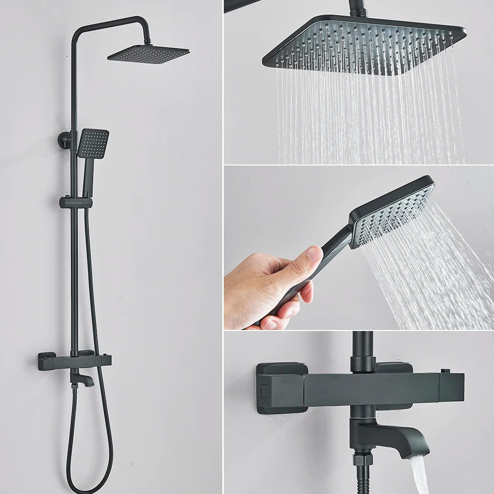 Bathroom Thermostatic Shower Faucet Rainfall Head Wall Mounted