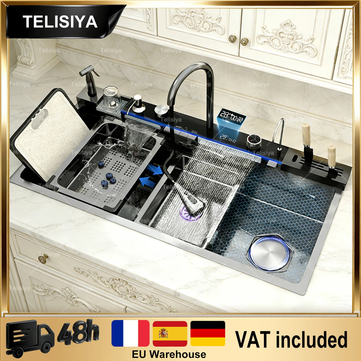 Stainless Steel Sink Digital Display Waterfall Large Slot