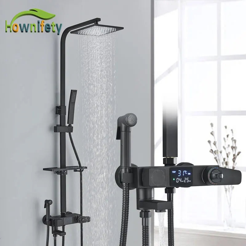 Black Thermostatic Shower Faucets Digital Display Screen Cold