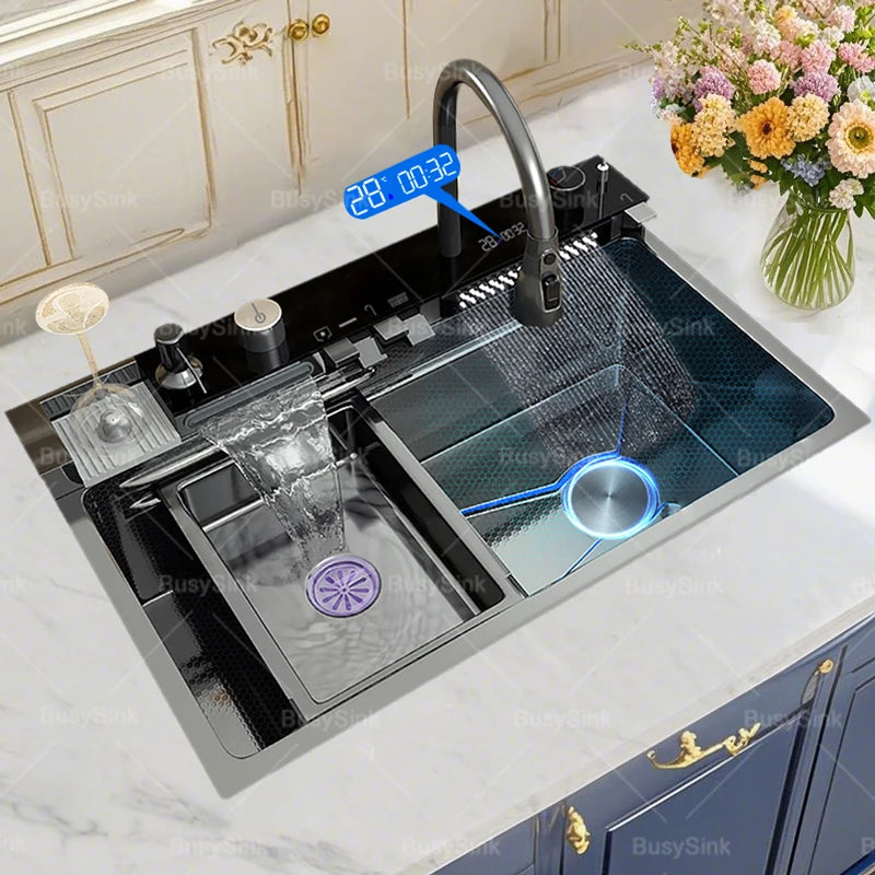 Silver Slot Stainless Steel Waterfall Sink Digital Display