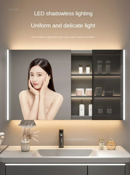 Modern Solid Wood Smart Bathroom Mirror Cabinet Light