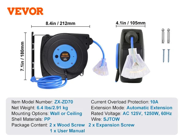 Succebuy Retractable Extension Cord Reel 30ft Lighted Triple