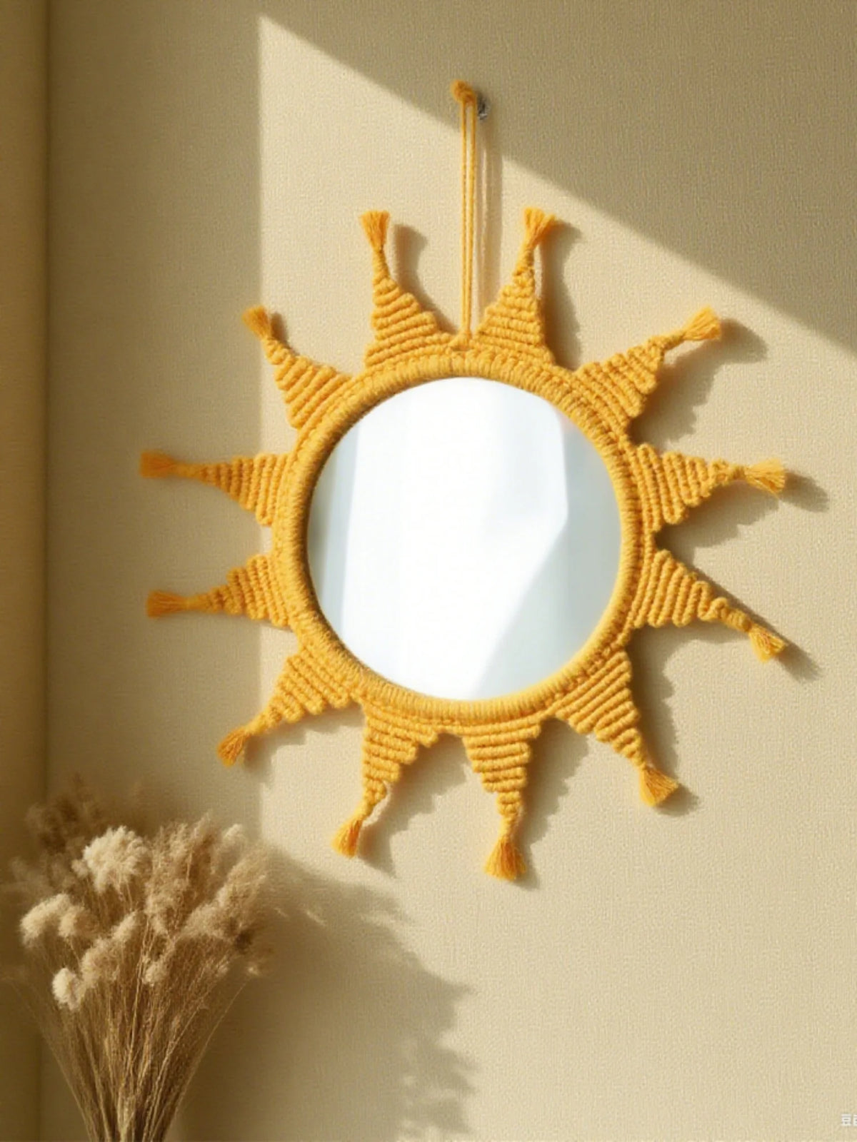 Handmade Yellow Sun Wall Mirror Boho Macrame Wall