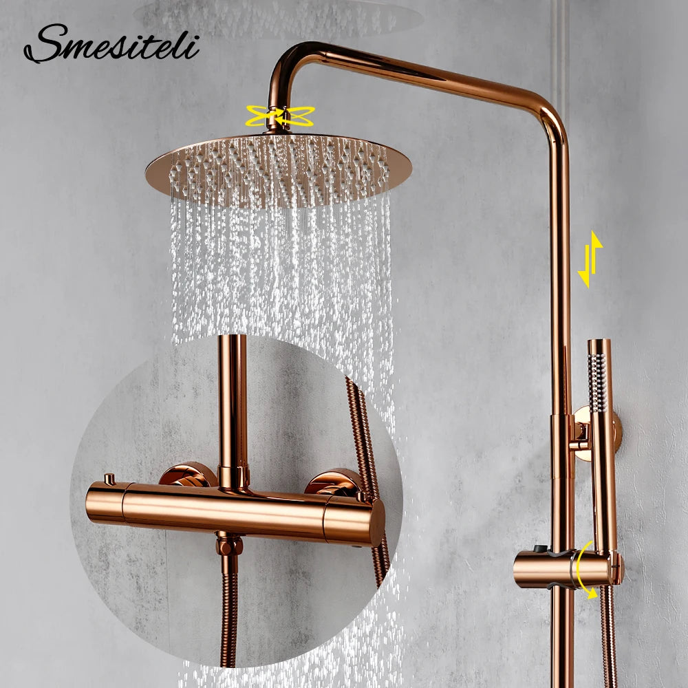 Rose Gold Thermostatic Shower Falcet Sets Wall Mount