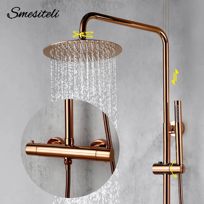 Rose Gold Thermostatic Shower Falcet Sets Wall Mount