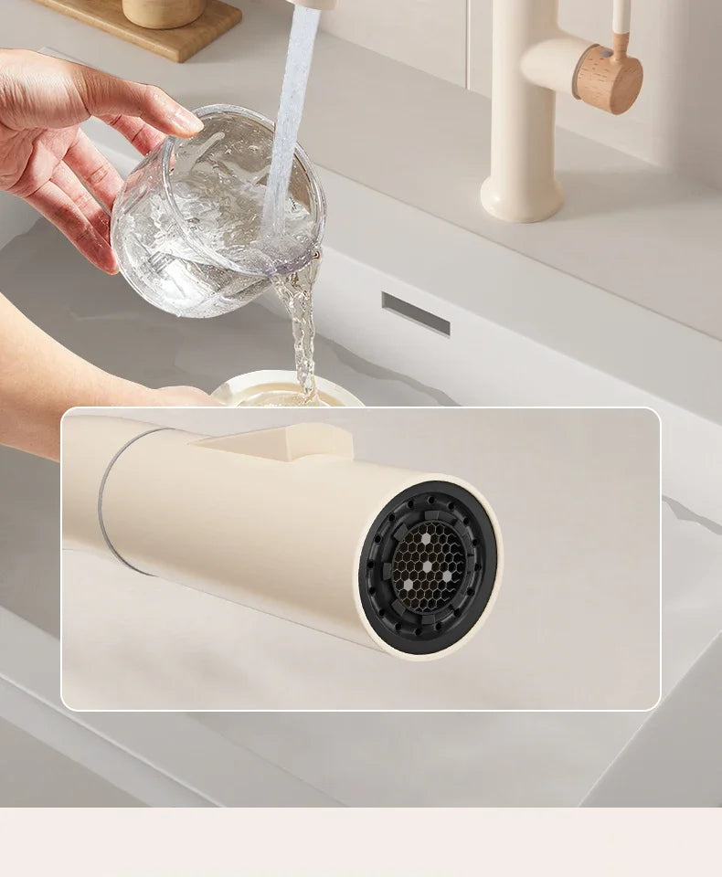 Cream Wooden Handle All Copper Faucet - Pull-Out