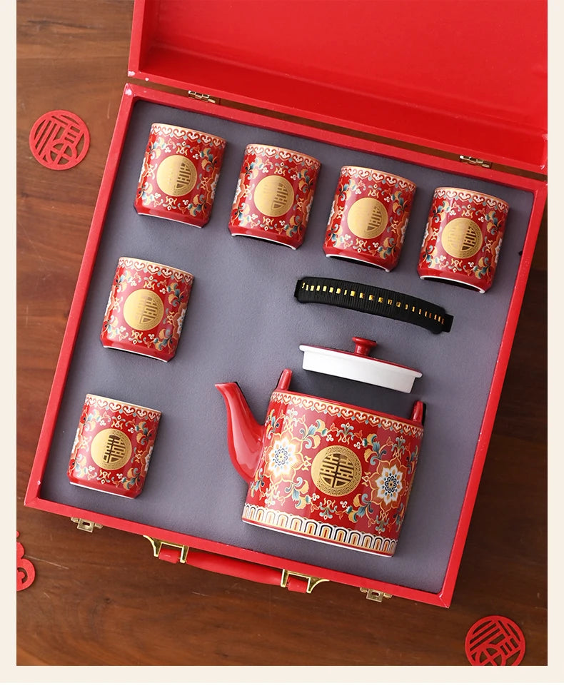 Double Happiness Enamel Wedding Tea Teacup Teapot Bridal