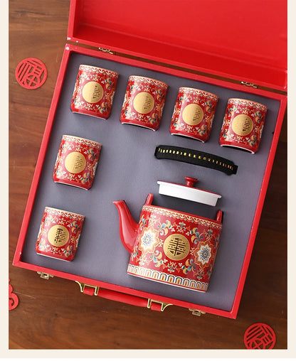 Double Happiness Enamel Wedding Tea Teacup Teapot Bridal