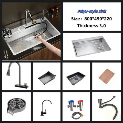 Stainless Steel Sink Waterfall-Style Pull-Out Faucet Large