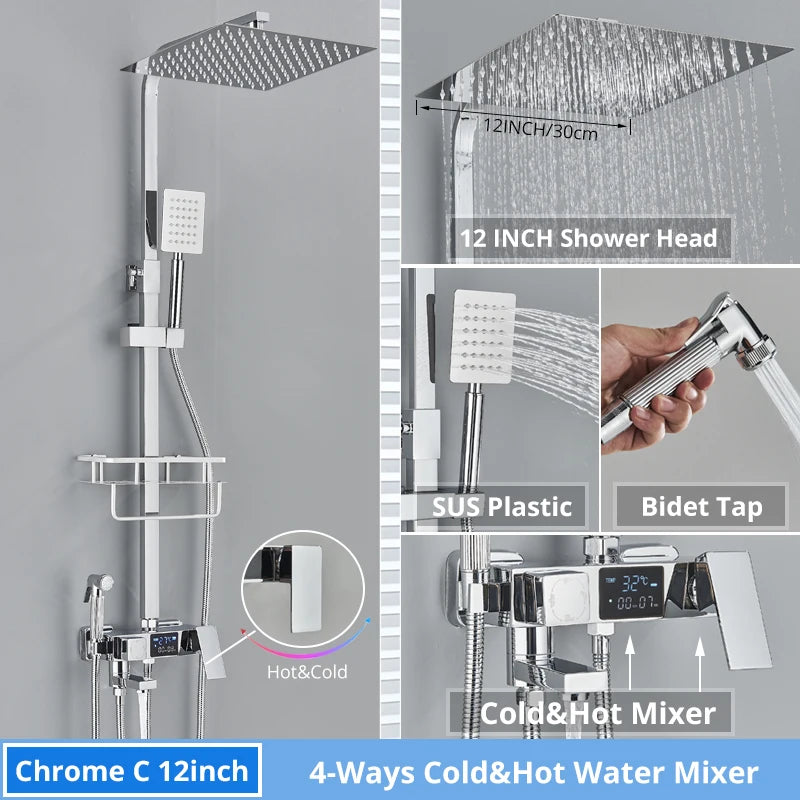Bath Thermostatic Digital Display Shower Faucet Rain Shower
