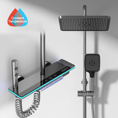Bathroom Luxury Shower System Lights Tempered Glass Piano