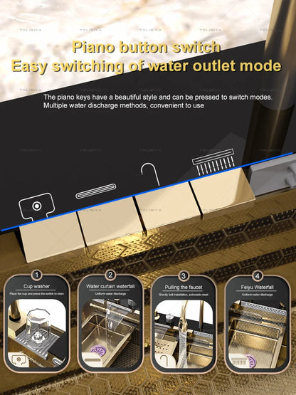 Stainless Steel Golden Sink Waterfall Outlet Slot Piano