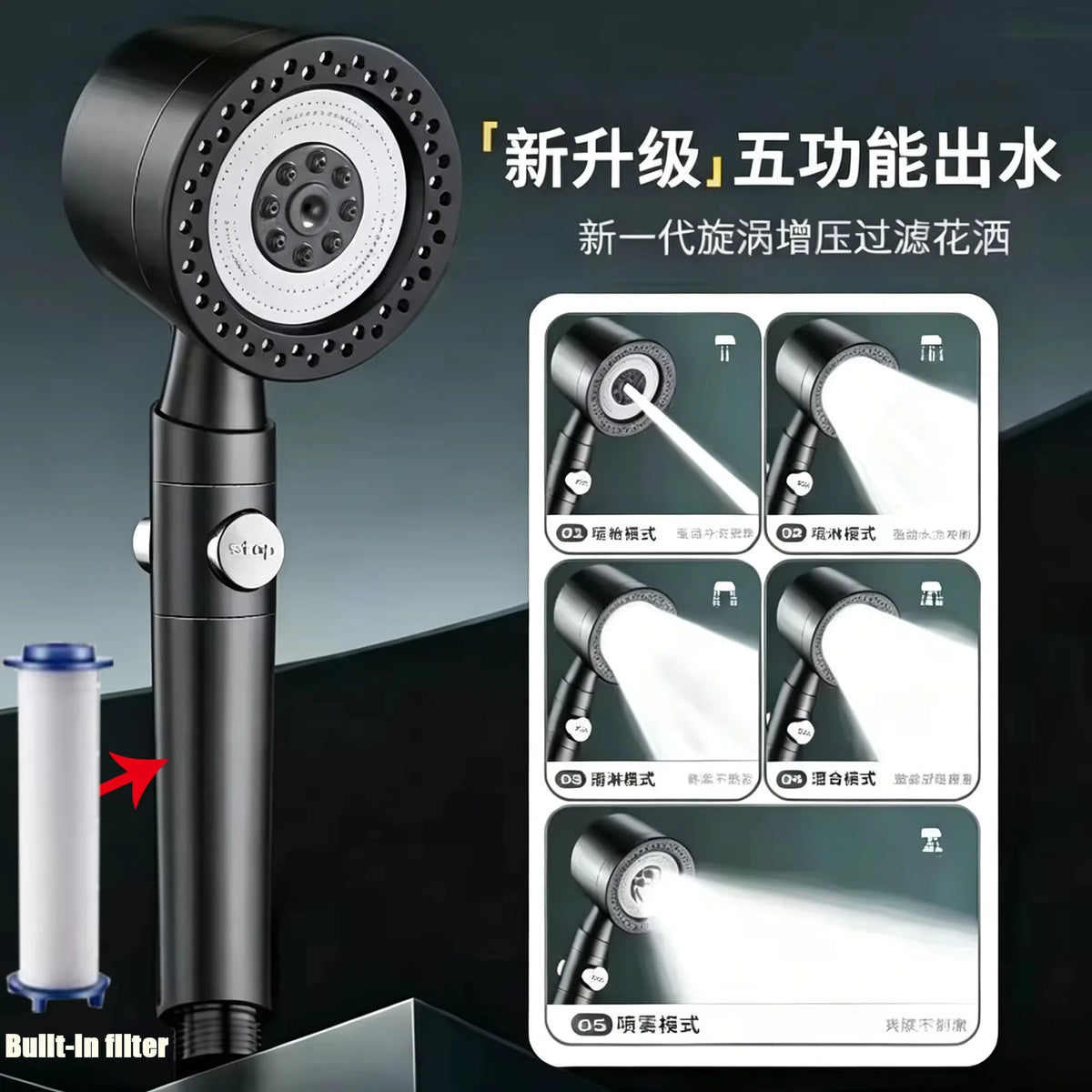 In Large Flow Shower Head Filter Modes High