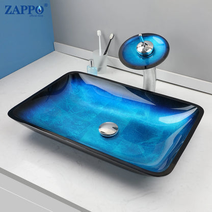 Zappo Tempered Glass Bathroom Vessel Sink Waterfall Black