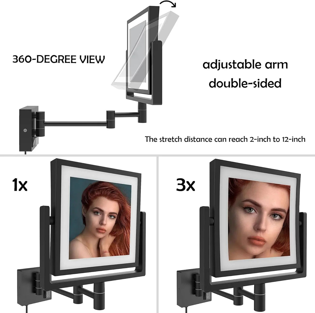 Led Bathroom Mirror 3x Magnifying Dual Arm Extendable