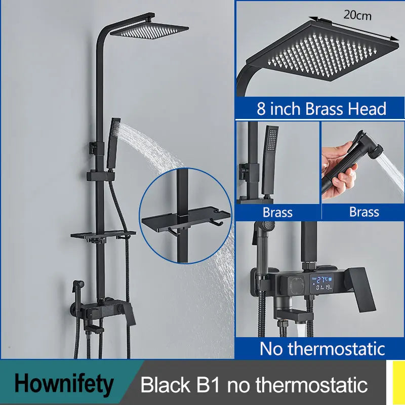 Black Thermostatic Shower Faucets Digital Display Screen Cold