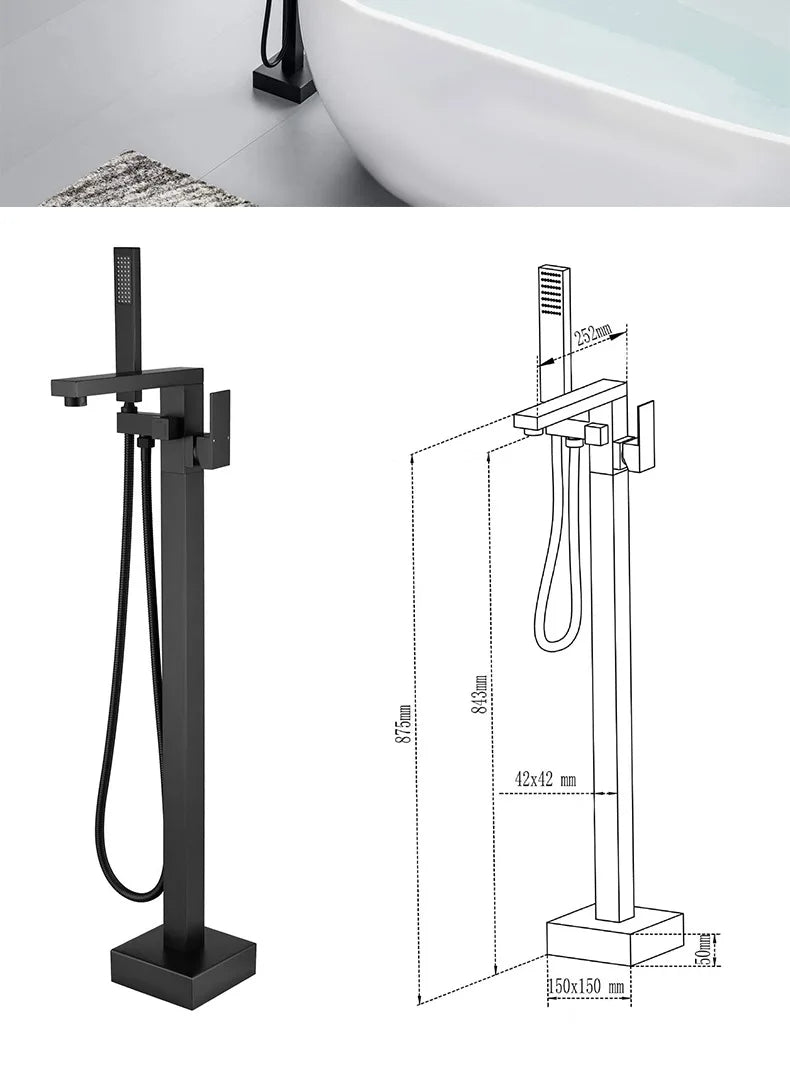 Matte Black Square Bathtub Shower Faucets Floor Standing