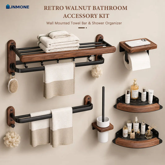 Walnut Wood Bathroom Wall Mounted Towel Rack Shelf