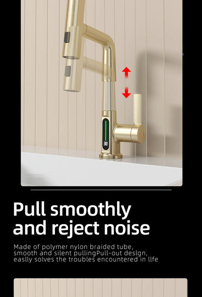 Brushed Gold Basin Faucet Lifting Pull Down Digital
