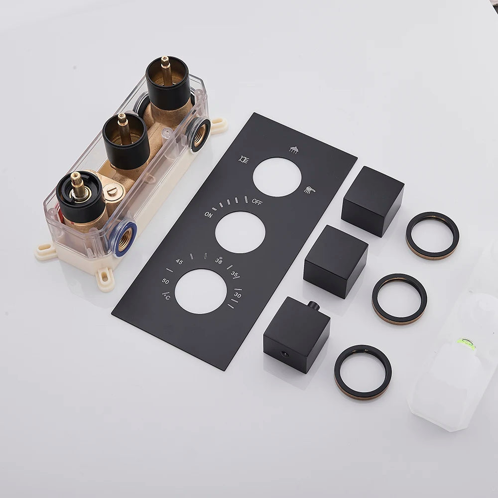 Matte Black Rain Waterfall Shower Thermostatic Mixer Bath