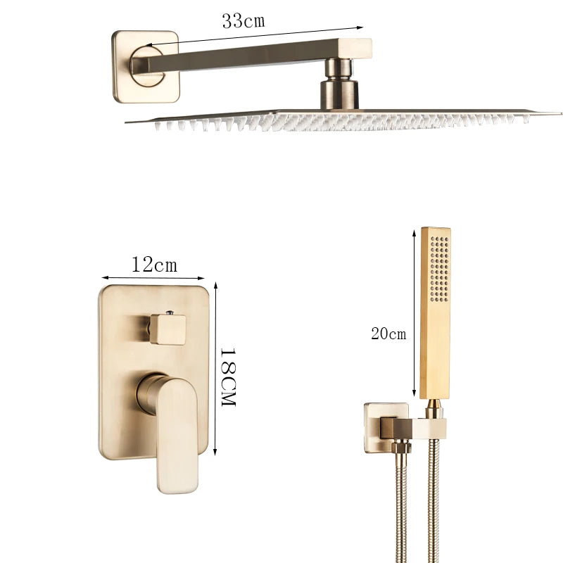 Brushed Gold Bathroom Shower Faucet Rainfall Concealed Shower