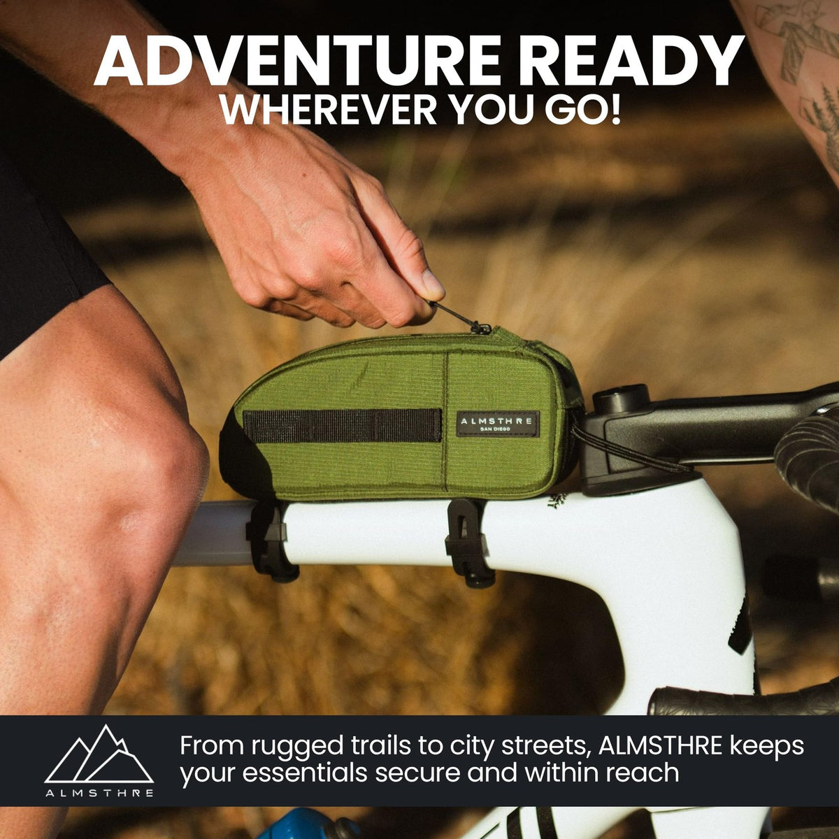 ALMSTHRE Top Tube Bag, Waterproof Zipper, Bolts or Strap Mount, Hunter Green 4