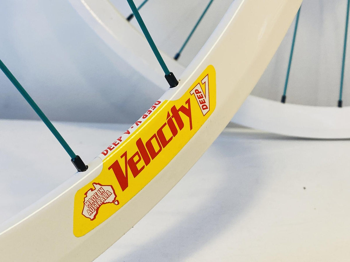 Velocity Deep-V 700c Track Wheelset 32h Origin-8 Hubs Emerald Spokes - White 8