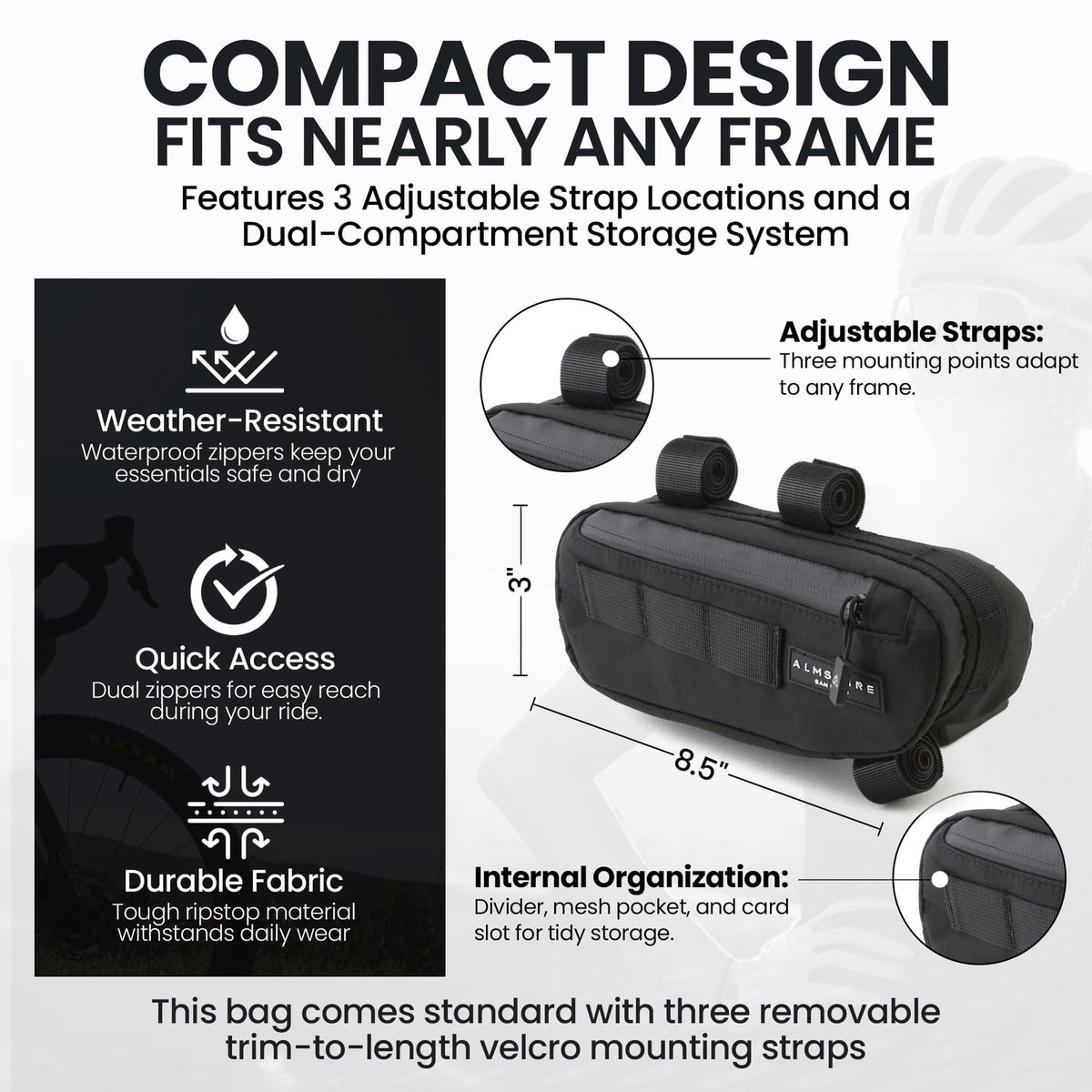 ALMSTHRE Compact Bike Frame Bag – Midnight Black | Weather-Resistant, Waterproof 2