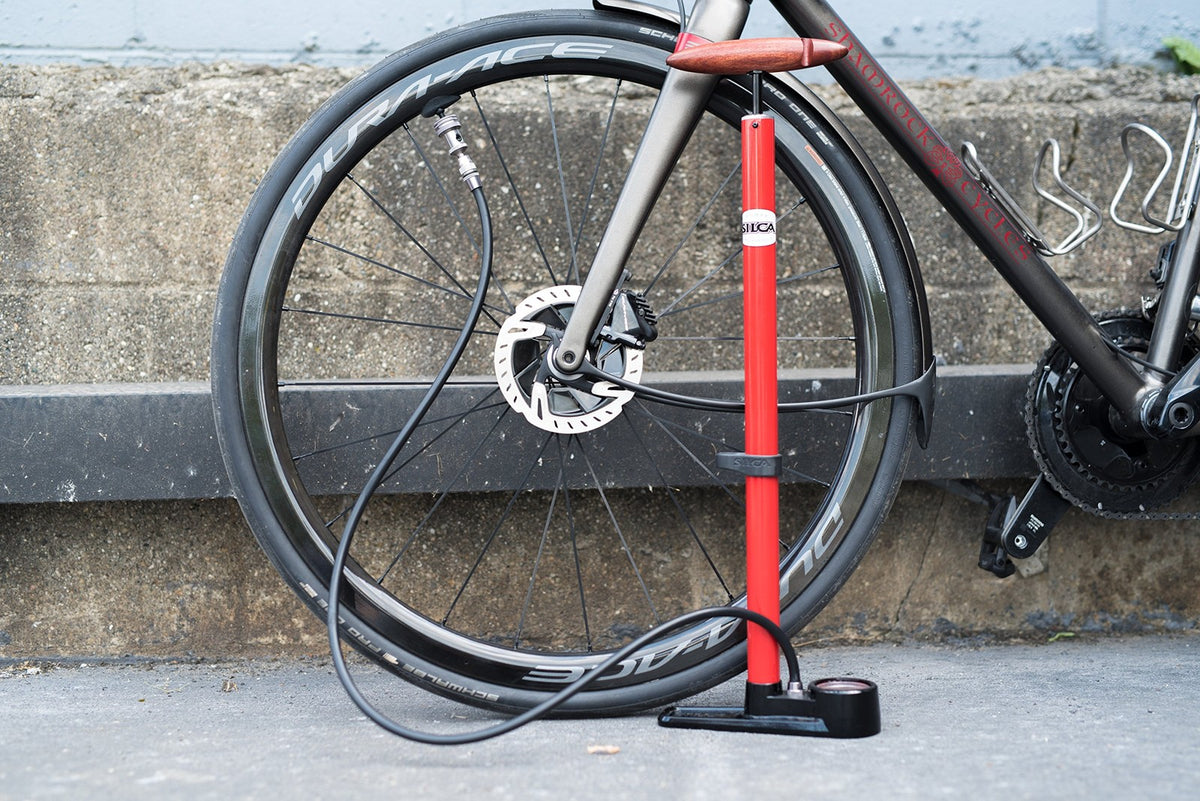 SILCA Pista Floor Pump Red with Black Single Sided Base and SILCA Presta Chuck 2