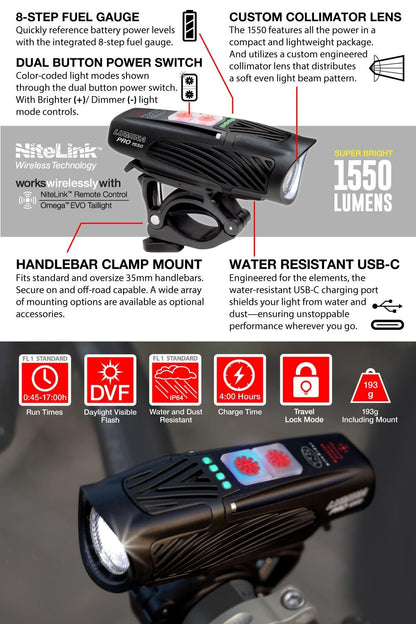 NiteRider Lumina Pro 1550 NiteLink USB-C Rechargeable Bike Light Powerful 8 7