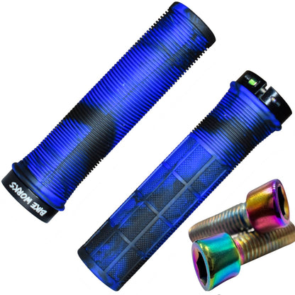 Bike Works Lock-On Handlebar Grips Non-Slip, Ribbed + Waffle Pattern - Blue Mix 1