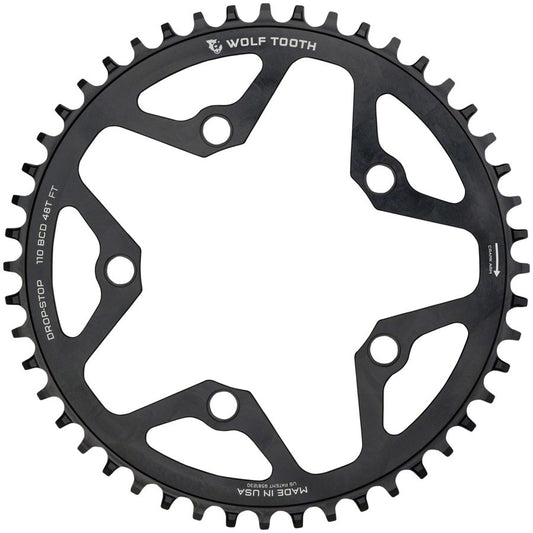 Wolf Tooth 48T Chainring 110 BCD 5-Bolt 10/11/12-Speed Drop-Stop Black 1