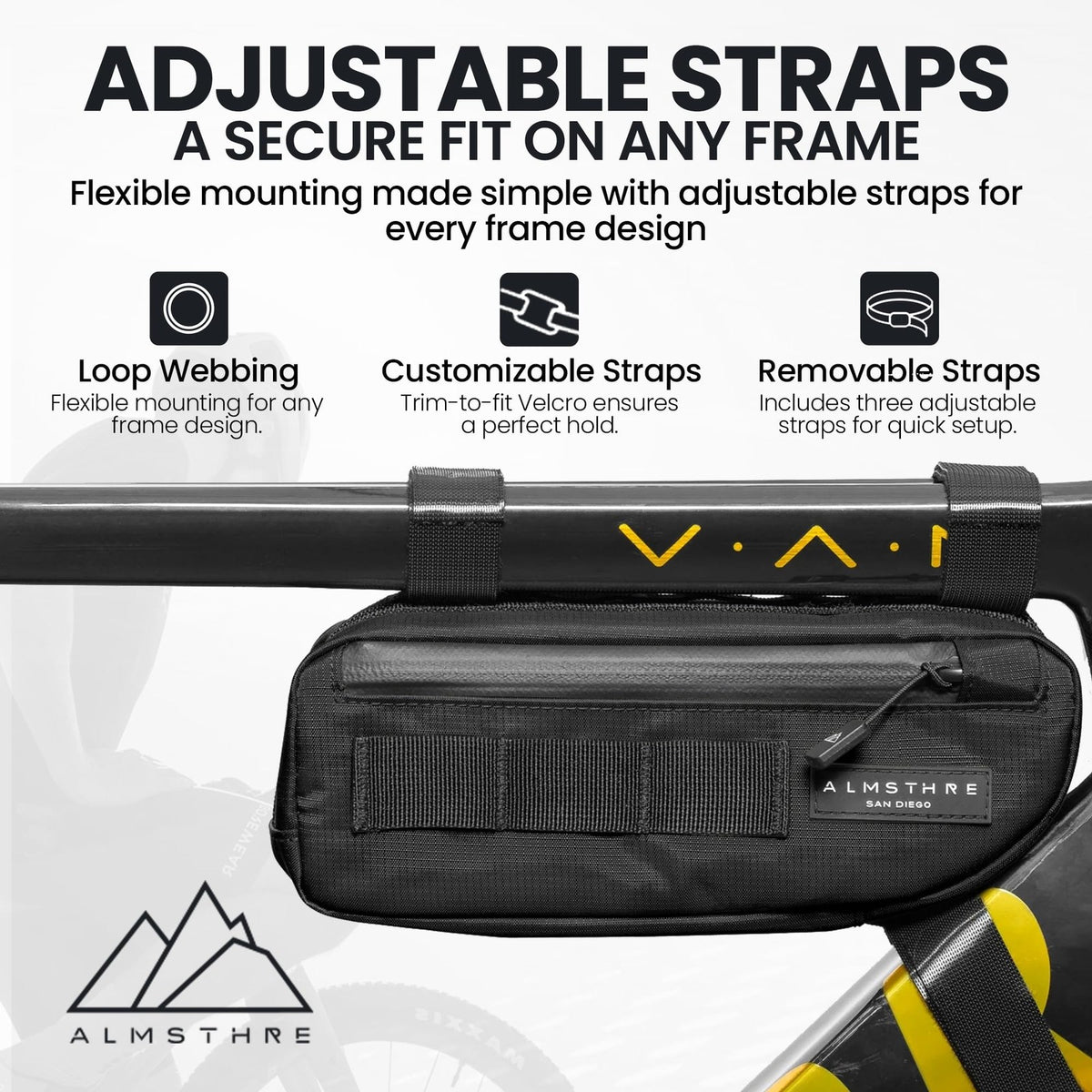 ALMSTHRE Compact Bike Frame Bag – Midnight Black | Weather-Resistant, Waterproof 3