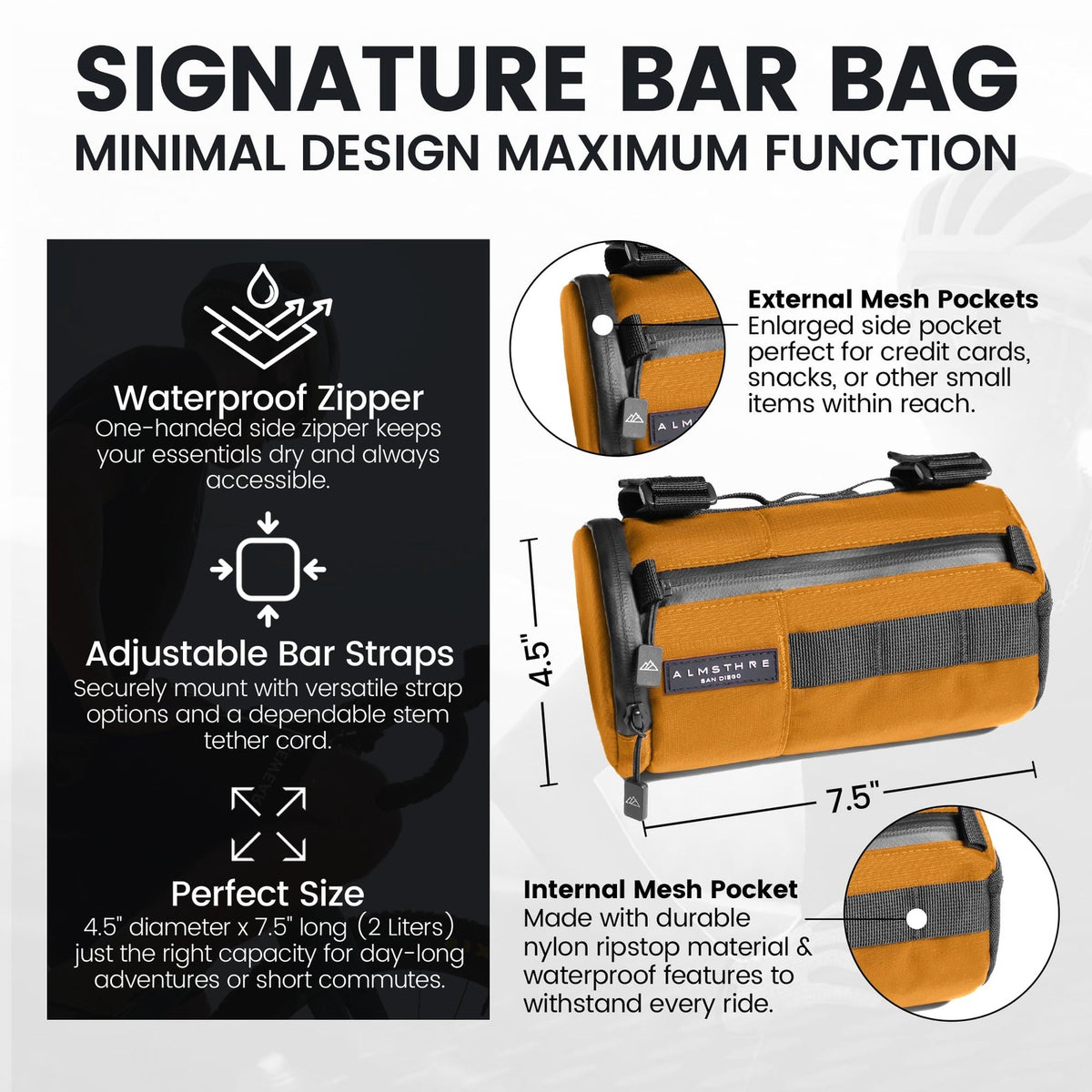 ALMSTHRE Signature Bar Bag – California Gold | Hard-Shell Bike Handlebar Bag 2