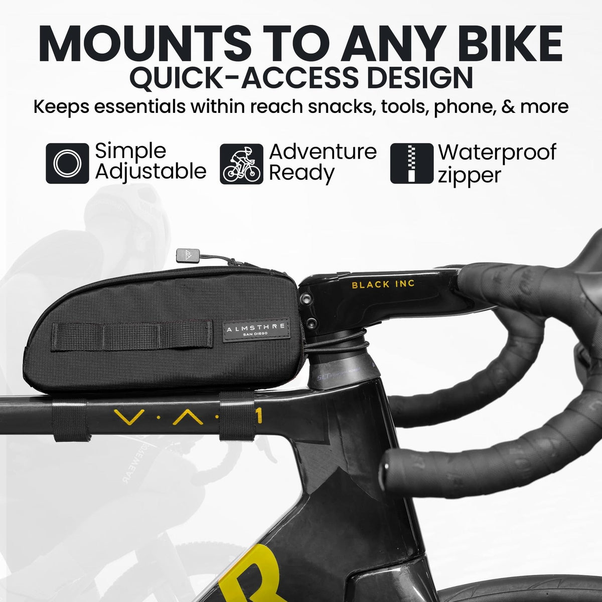 ALMSTHRE Top Tube Bag, Waterproof Zipper, Bolts or Strap Mount, Midnight Black 3