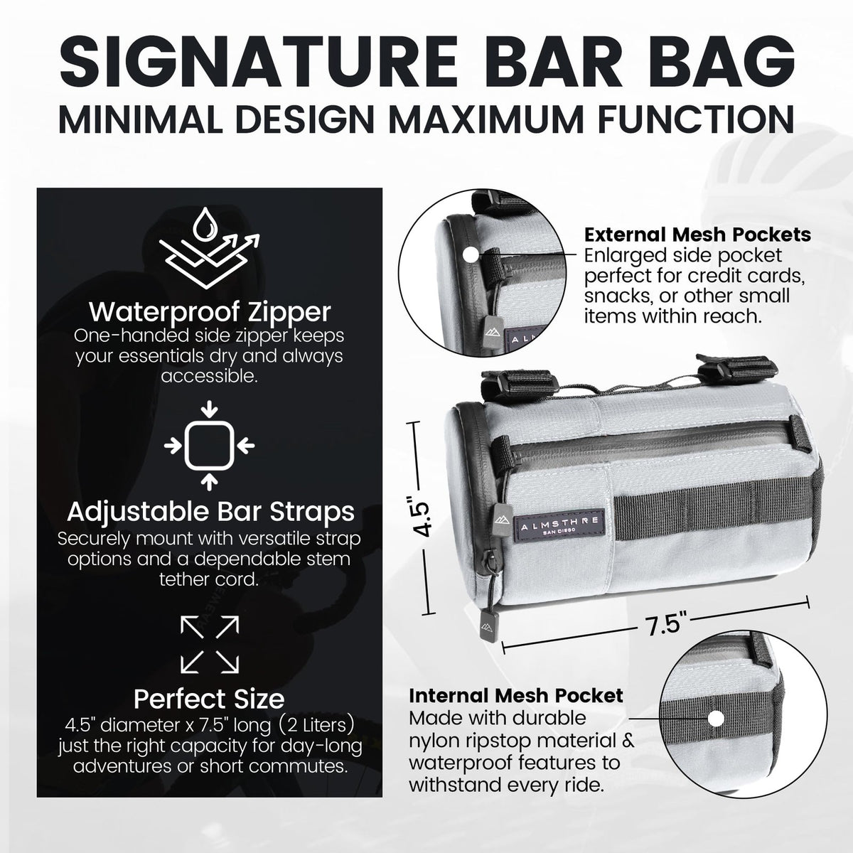 ALMSTHRE Signature Bar Bag – Sterling Silver | Hard-Shell Bike Handlebar Bag 2
