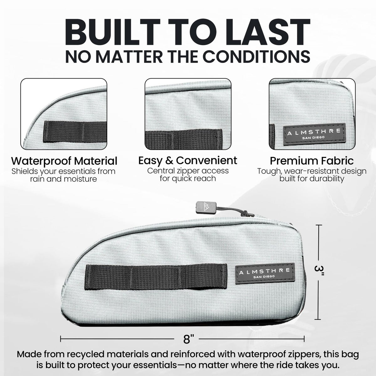 ALMSTHRE Top Tube Bag 8'' x 2'' x 3'' - Sterling Silver | Waterproof, Secure & 2