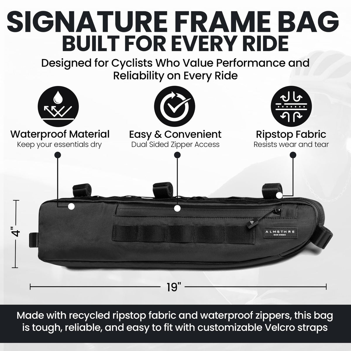 ALMSTHRE Signature Bike Frame Bag - Midnight Black, Large/XL Sizing | Durable 3
