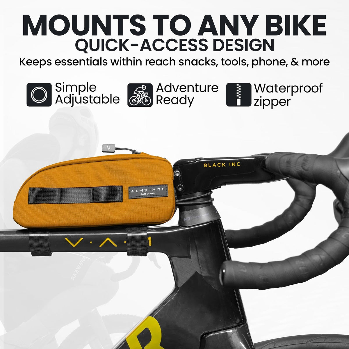 ALMSTHRE Top Tube Bag, Waterproof Zipper, Bolts or Strap Mount, California Gold 3