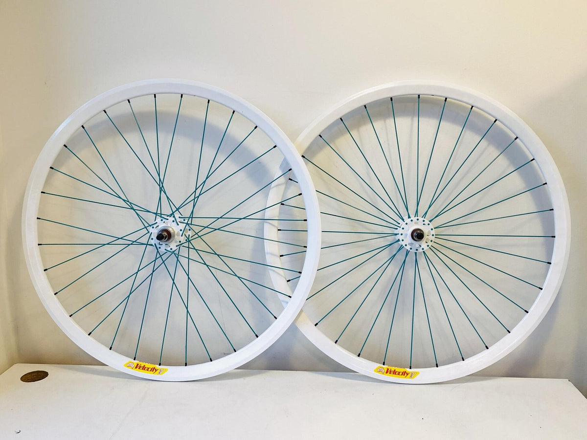 Velocity Deep-V 700c Track Wheelset 32h Origin-8 Hubs Emerald Spokes - White 1